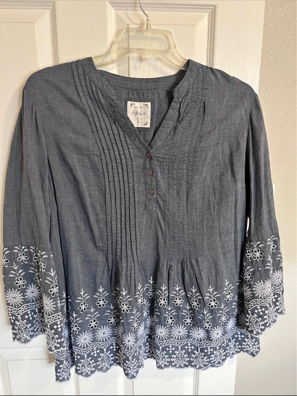 Style & Co. Indigo Blue Embroidered Peasant Tunic - Picture 1 of 10